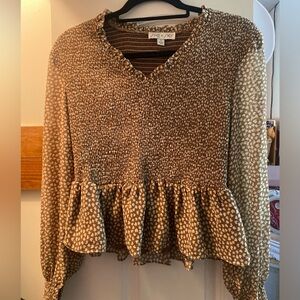 She+Sky Brown Heart V Neck Puffy Sleeve Blouse